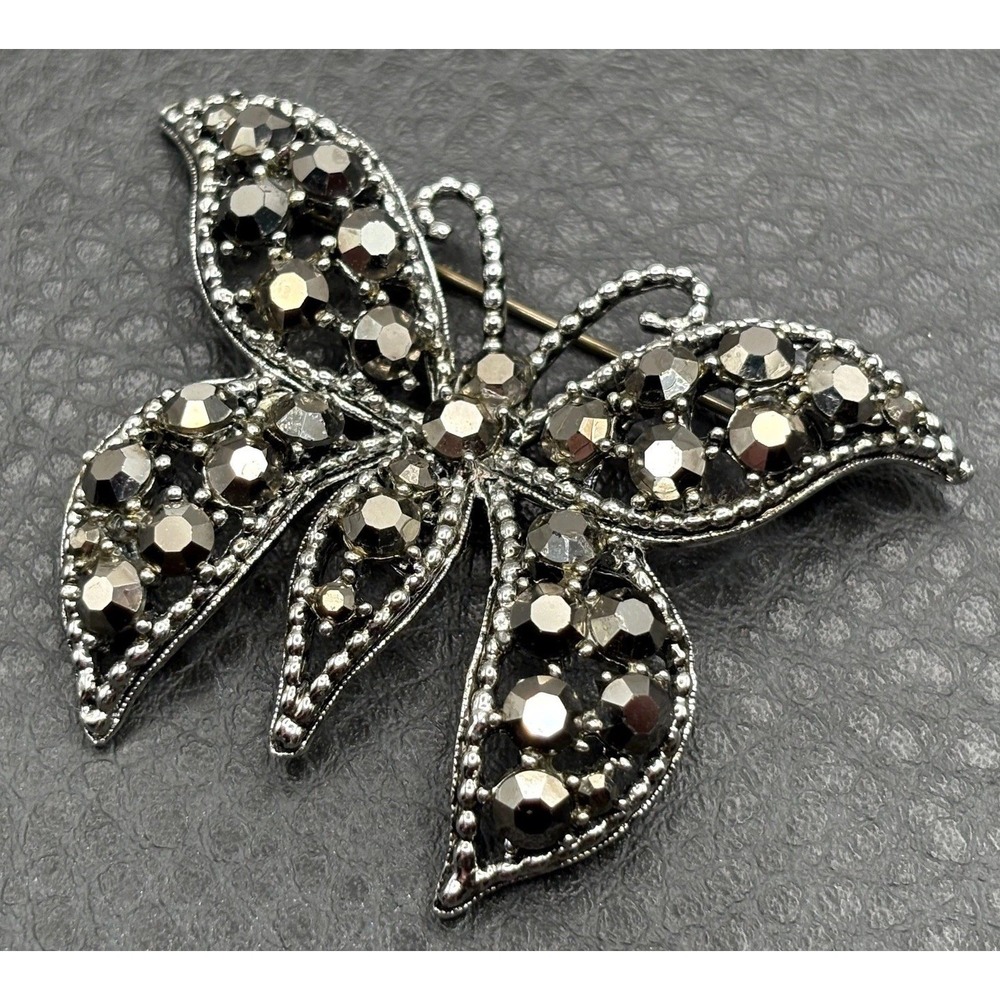 Vintage Signed Weiss Butterfly Brooch Faux Hematite Rhinestone Silver Tone
